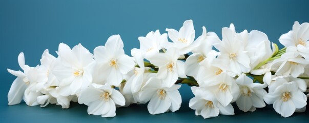 Bouquet of white narcissus on a navy colored backdrop isolated pastel background 