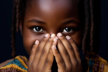African girl covers her face in shame and smiles happily