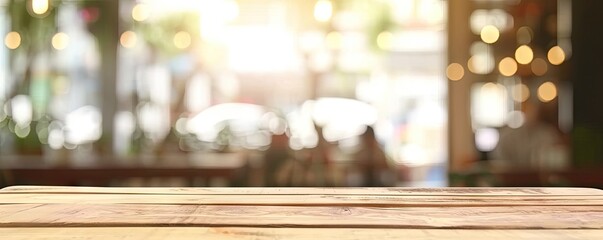 Rustic elegance. Abstract composition featuring wooden table and counter blurred background with bokeh lights perfect for showcasing products or creating warm vintage atmosphere in restaurant or cafe