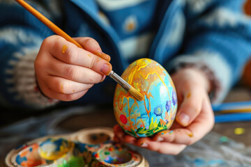Child paints an easter egg colorfully with a brush