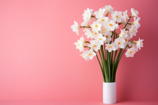 Bouquet of white narcissus on a plum colored backdrop isolated pastel background 