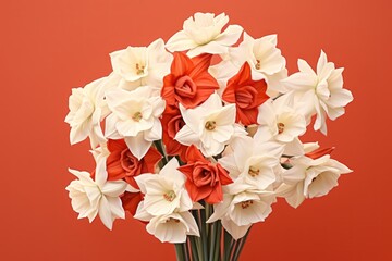 Bouquet of white narcissus on a ruby colored backdrop isolated pastel background 