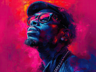 Ilustración colorida acuarela oscura de cantante urbano afroamericano, rap, hip hop - obrazy, fototapety, plakaty