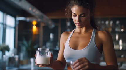 Sporty woman preparing healthy supplement, dissolving collagen powder in a glass of water. beautiful sporty caucasian female generation z healthy lifestyle concept copy space
