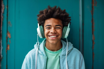 African-American Teen Enjoying Music Outdoors. Generative AI