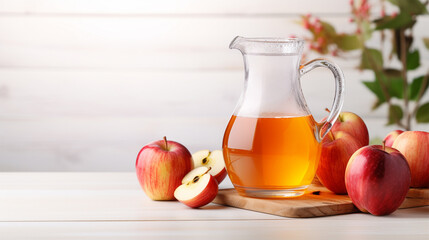 a jug of apple juice or drink surrounded by apples on a light background, with space for text