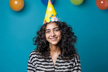 Obraz na płótnie Canvas Young Woman Celebrating with Party Hat. Generative AI