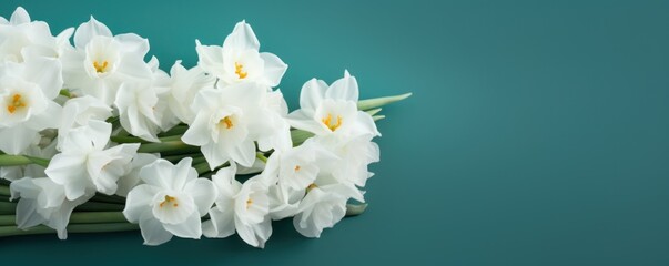 Bouquet of white narcissus on a turquoise colored backdrop isolated pastel background 