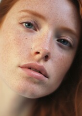 Close up photo of a brunette woman with freckles on her face