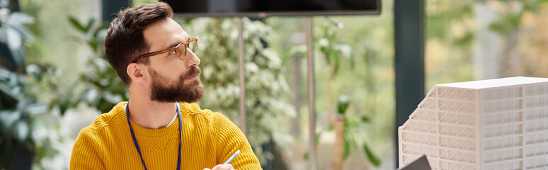 concentrated man in casual yellow turtleneck working on his startup while in office, banner