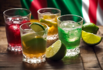 Fiesta Mexicana- Close-up di Shot con Succo di Lime, Tequila e Colori della Sangria sulla Tavola di Legno, Servizio Tradizionale - obrazy, fototapety, plakaty