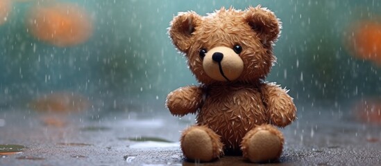 Teddy bear in the rain.Teddy Bear with sitting in the raining and vintage filter effect blurred background of nature. - obrazy, fototapety, plakaty