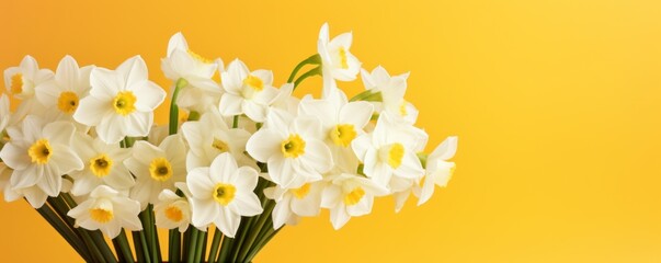 Bouquet of white narcissus on an almond colored backdrop isolated pastel background 