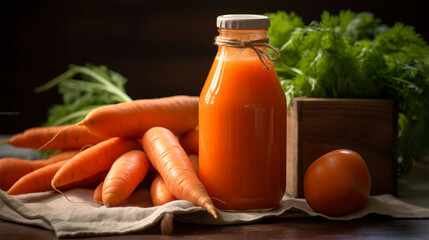 Fresh carrot juice in a bottle with carrots and herbs on a wooden table. 