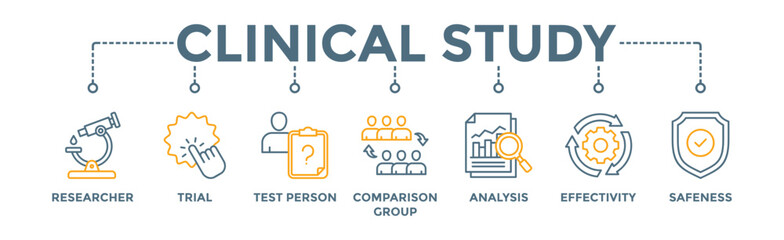 Clinical study banner web icon vector illustration concept for clinical trial research with an icon of researcher, trial, test person, comparison group, analysis, effectivity, and safeness