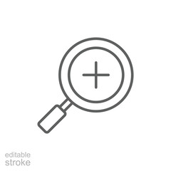 Zoom icon. Simple outline style. Magnify glass with add sign, find, focus, plus, positive, enlarge concept. Thin line symbol. Vector isolated on transparent background. Editable stroke SVG.