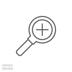 Zoom icon. Simple outline style. Magnify glass with add sign, find, focus, plus, positive, enlarge concept. Thin line symbol. Vector isolated on transparent background. Editable stroke SVG.