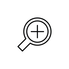 Zoom icon. Simple outline style. Magnify glass with add sign, find, focus, plus, positive, enlarge concept. Thin line symbol. Vector isolated on transparent background. SVG.