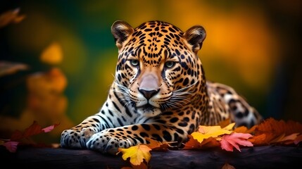 A leopard lies on a stone on a bright background.
