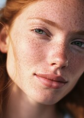Obraz premium Close up photo of a brunette woman with freckles on her face