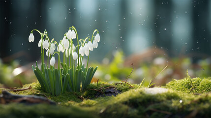 snowdrop flowers in a clearing in the forest, copy space .