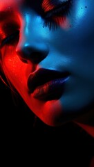 Close up photo of a woman's face, focusing on the lips with blue and red lighting