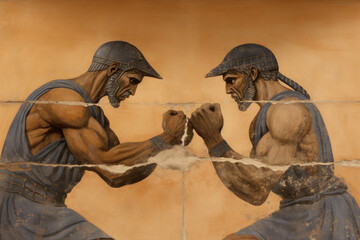 Mural of two ancient Greek boxers in combat stance, detailed with classical attire and headgear. - obrazy, fototapety, plakaty
