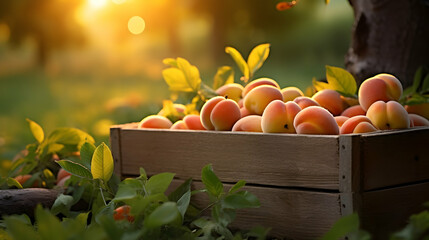 Apricots harvested in a wooden box in an orchard with sunset. Natural organic fruit abundance. Agriculture, healthy and natural food concept.