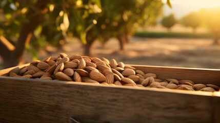 Almond nuts harvested in a wooden box in a plantation with sunset. Natural organic fruit abundance. Agriculture, healthy and natural food concept. - obrazy, fototapety, plakaty