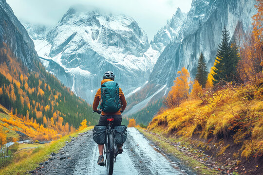 Viaje en bicicleta de montaña con alforjas en un Parque Nacional con un paisaje natural, turismo sostenible, turismo de aventura, turismo ecológico, deporte, aventura

