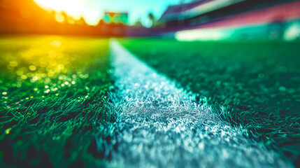 close-up of artificial green grass on a sports field with white line markings. The sun is setting,...