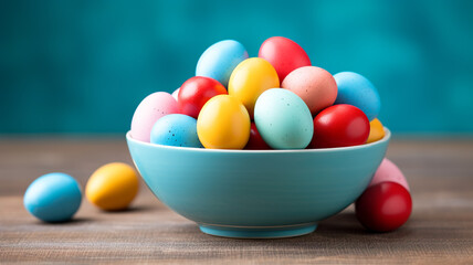 Easter eggs in a bowl with copy space. Generative AI