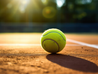 Closeup of tennis ball on clay court right with sport concept
