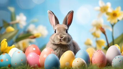 Cute easter bunny with easter eggs and flowers and copy space. Generative AI