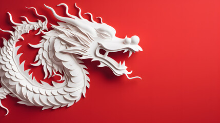 chinese white new year dragon on a red background in the style of minimalism - obrazy, fototapety, plakaty