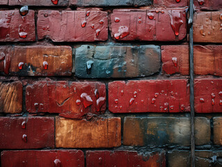 wet brick wall during rain, water droplets on brick wall