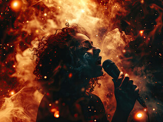 Mujer en el espacio cantando dentro de una nebulosa, espacio, estrellas, fuego, iluminación cinematográfica. - obrazy, fototapety, plakaty