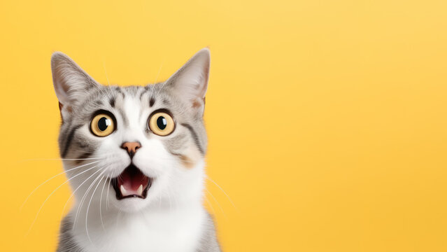 Closeup of shocked cat on yellow background with copy space