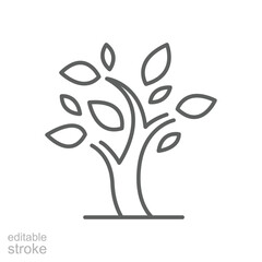 Stylized tree icon. Simple outline style. Growth branch, leaves, trunk, vintage concept. Thin line symbol. Vector illustration isolated. Editable stroke.