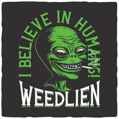 T-shirt or poster design with cheerful alien