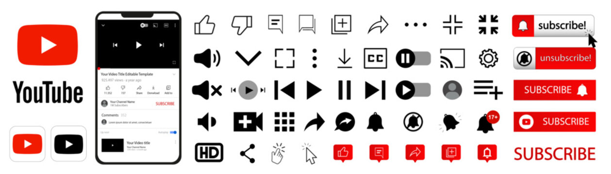 All Youtube Logo Icon. Subscribe Button Icon.  Youtube Logo Editorial 