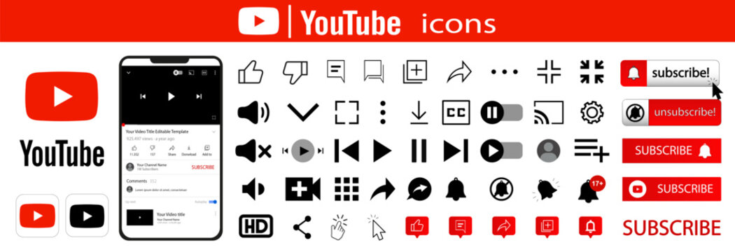 All youtube logo icon. Subscribe button icon.  Youtube mobile App interface template on Iphone mockup.