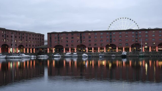 Timelapse of the Royal Albert Dock in Liverpool with the Wheel of Liverpool in background