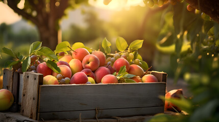 Various kinds of fruits harvested in a wooden box in an orchard with sunset. Natural organic fruit abundance. Agriculture, healthy and natural food concept. Horizontal composition.