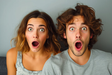 Surprised couple. Omg, check this. Emotional guy and girl free space over grau background, surprised lady looking at camera, panorama. Couple demonstrating place for your text - obrazy, fototapety, plakaty