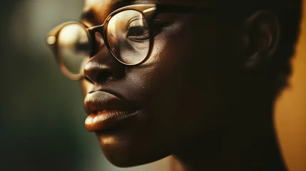 Fototapeten Closeup face of African woman in glasses, Blur background © chand