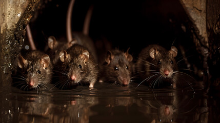 Group of rats looking from the tunnel of the sewers.