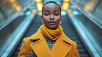 Portrait of afro american woman in yellow coat on escalator