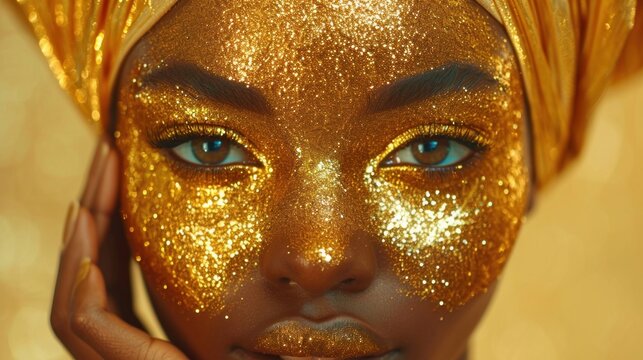 Close up portrait of beautiful african woman with gold makeup and turban