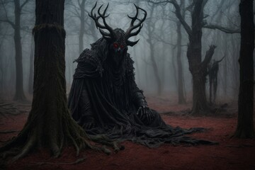A scary goblin with horns on his head in the middle of the forest - obrazy, fototapety, plakaty